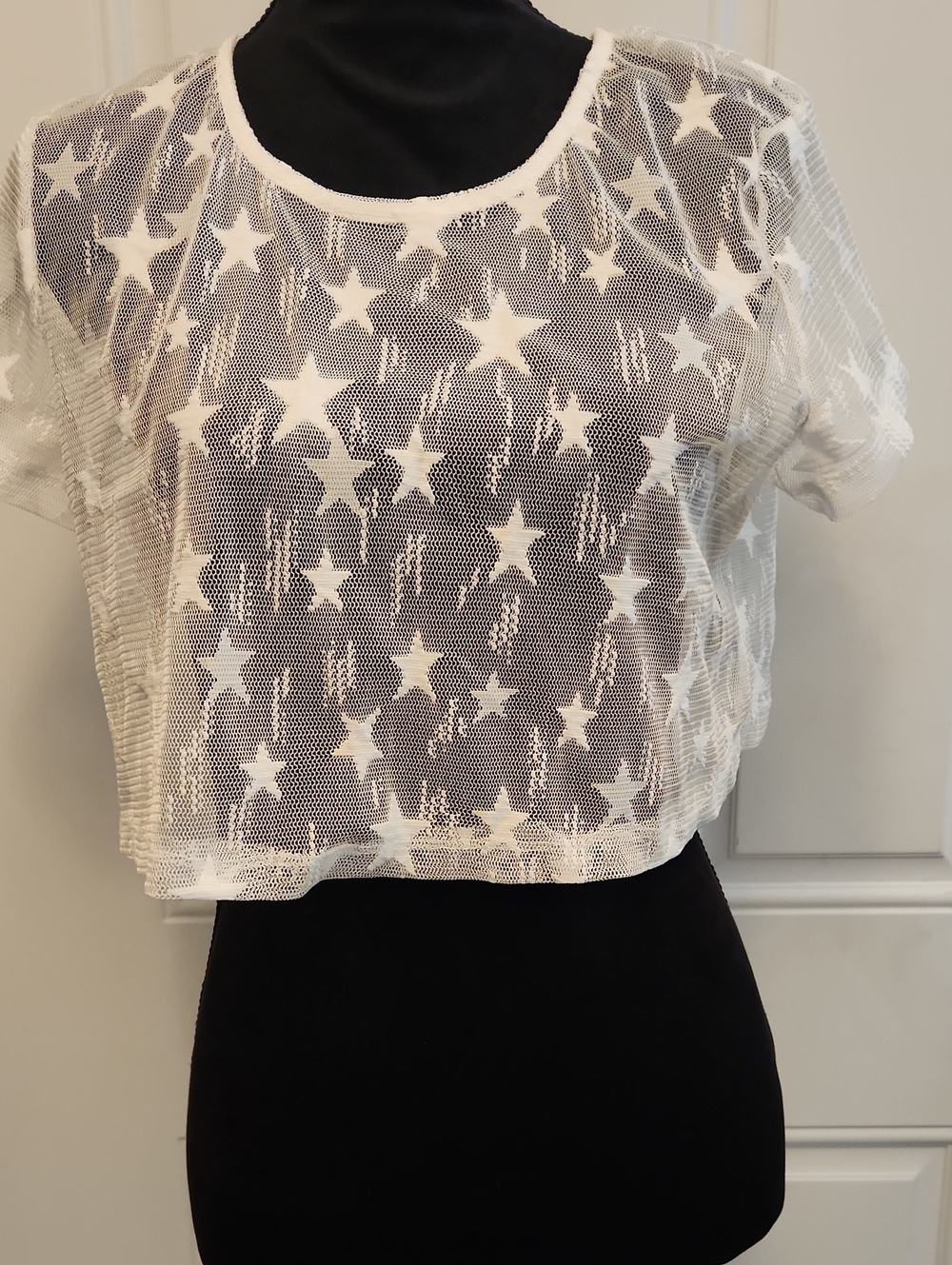 White Star-Print Sheer Cropped Mesh Top